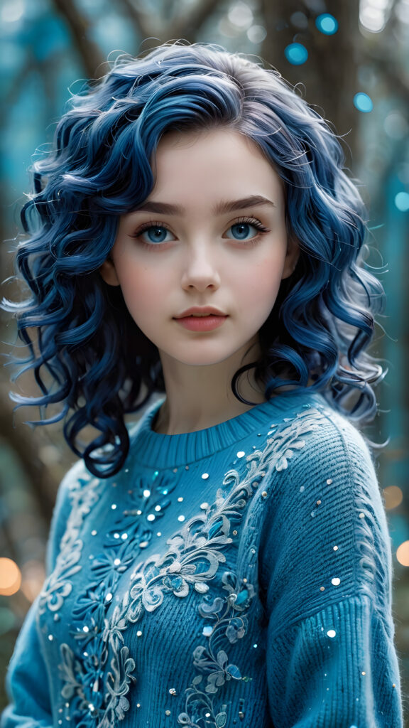 a (((beautiful young teen girl))), with pale skin and (((shiny blue flecks))), along with luxuriously wavy, (((blue hair curls))), wearing a super fine, (((wool sweater))), reminiscent of the iconic Filigree style, set against a (((softly detailed, fantastical environment))) that exudes a (((whimsically magical aura))), with intricate details that evoke a (((sparkling, shimmering wonder)))