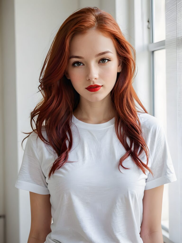 a beautiful (((young girl))), with long, flowing (((red hair))), styled in a sleek, shiny, straight haircut with sharp, defined (((red lips))), emitting an ethereal glow that complements her otherwise natural features, dressed in a (((white t-shirt))), poised confidently in a classic, casual setting, with her loosely curled red lips and a warm smile that exude cuteness