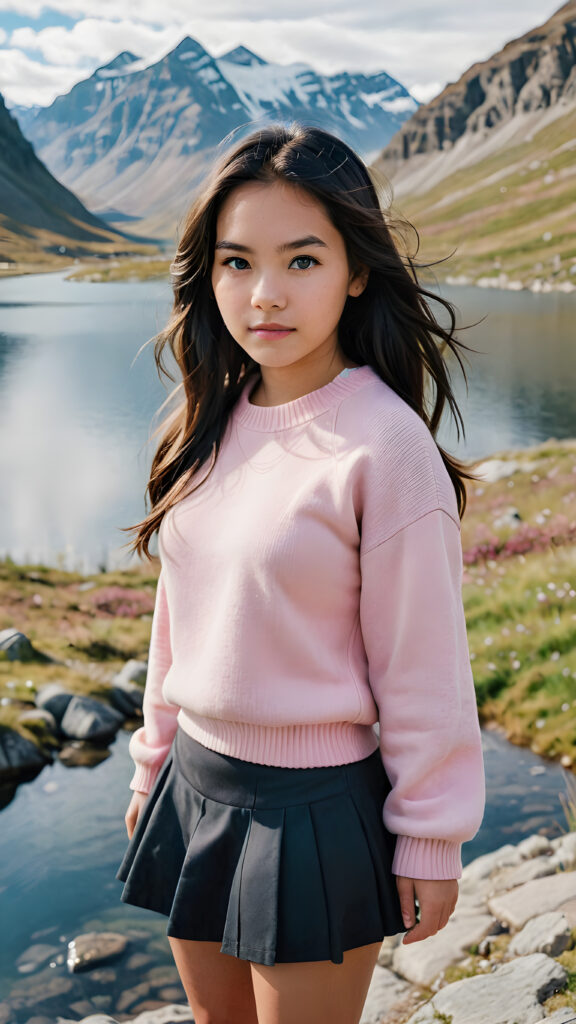 a beautiful 17 year old cute Inuit girl with long dark hair, a small round face, big blue eyes and cute cheeks. She is wearing a pink sweater, a black skirt and grey shoes. She is in a beautiful wild landscape, surrounded by a lake and mountains