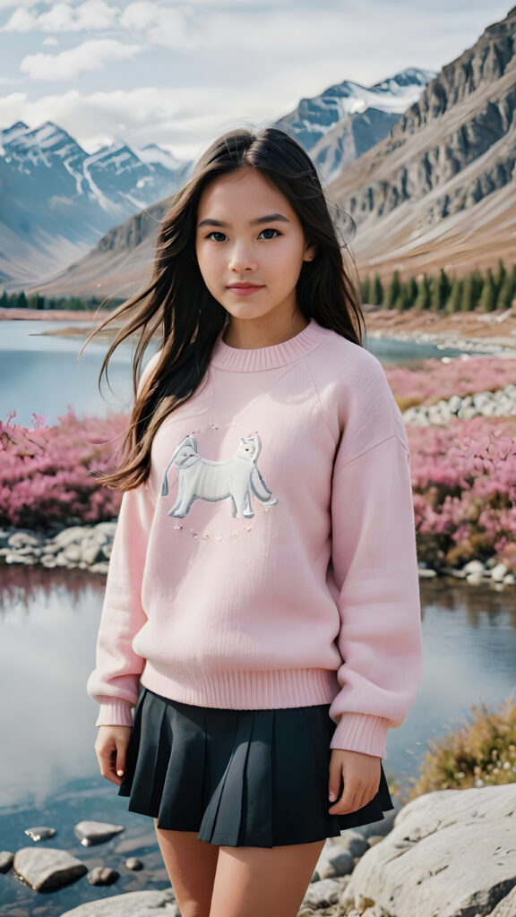 a beautiful 17 year old cute Inuit girl with long dark hair, a small round face, big blue eyes and cute cheeks. She is wearing a pink sweater, a black skirt and grey shoes. She is in a beautiful wild landscape, surrounded by a lake and mountains