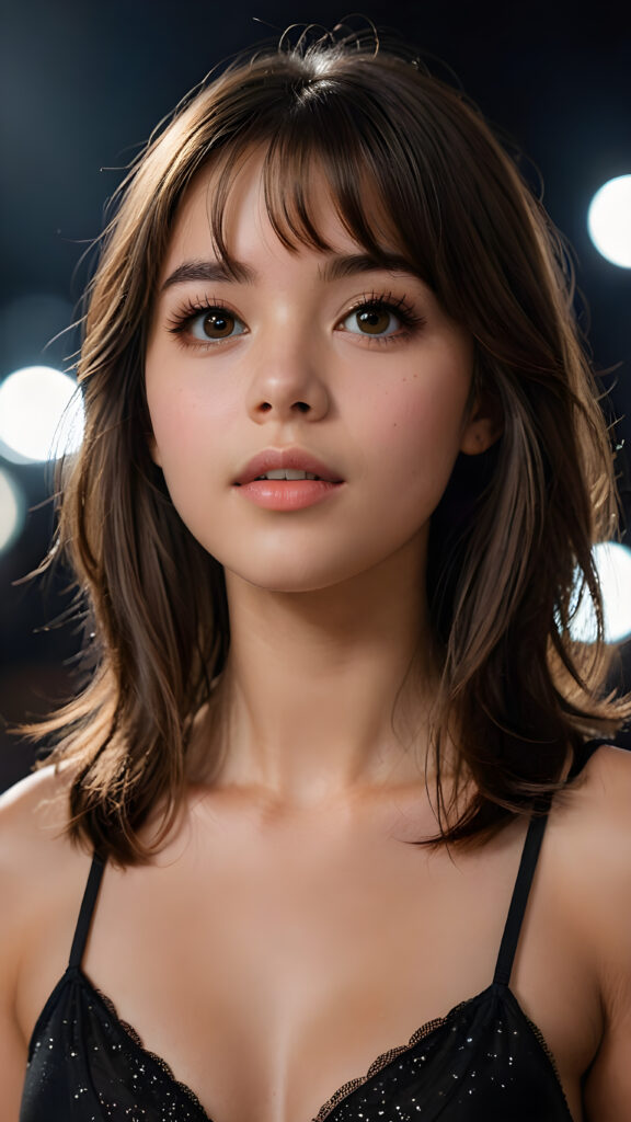 a beautiful, 18-year-old girl with intricate, detailed brown shoulder-length hair and sleek, straight bangs, realistically portrayed side-parted locks. Her long, angelic eyelashes and expressive eyes contrast against a dark backdrop, where faintly diffused light falls softly onto her face, creating a romantic atmosphere. She wears a tight, black crop top that showcases her flawlessly curved figure, with one hand poised playfully by her mouth, as if ready for a sensual kiss