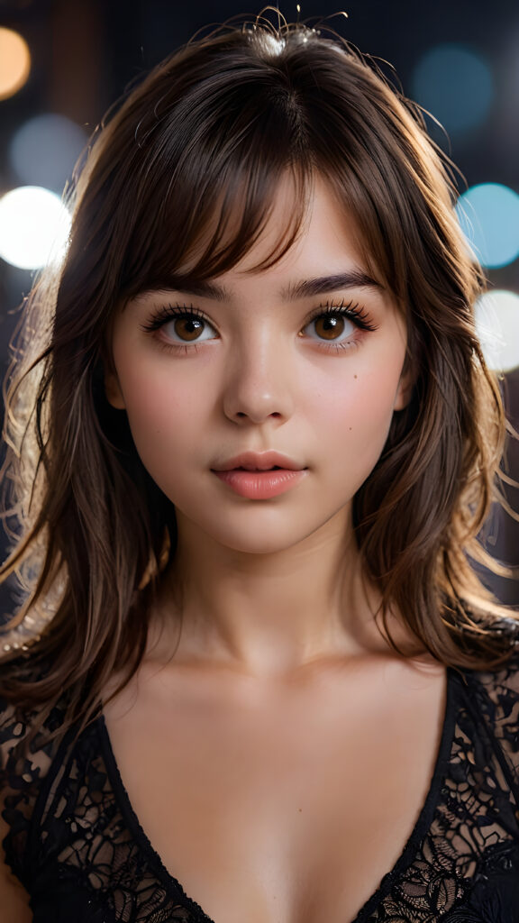 a beautiful, 18-year-old girl with intricate, detailed brown shoulder-length hair and sleek, straight bangs, realistically portrayed side-parted locks. Her long, angelic eyelashes and expressive eyes contrast against a dark backdrop, where faintly diffused light falls softly onto her face, creating a romantic atmosphere. She wears a tight, black crop top that showcases her flawlessly curved figure, with one hand poised playfully by her mouth, as if ready for a sensual kiss