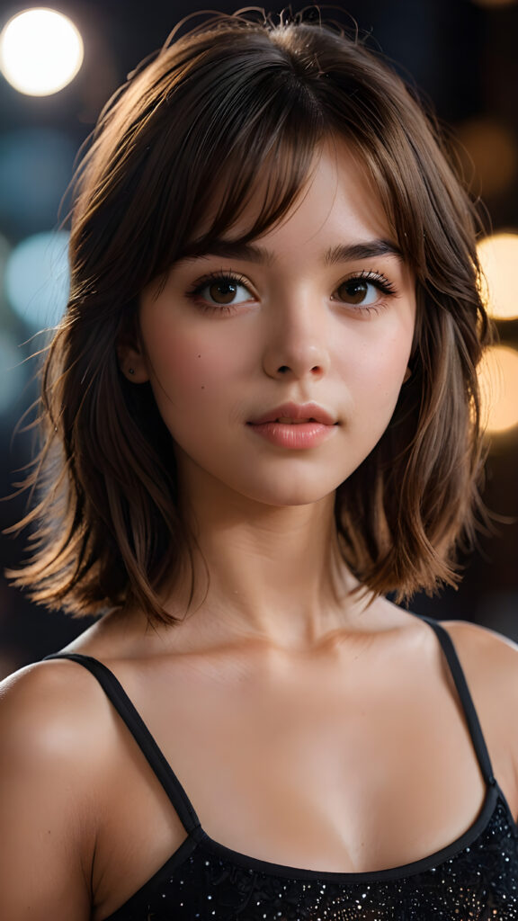 a beautiful, 18-year-old girl with intricate, detailed brown shoulder-length hair and sleek, straight bangs, realistically portrayed side-parted locks. Her long, angelic eyelashes and expressive eyes contrast against a dark backdrop, where faintly diffused light falls softly onto her face, creating a romantic atmosphere. She wears a tight, black crop top that showcases her flawlessly curved figure, with one hand poised playfully by her mouth, as if ready for a sensual kiss