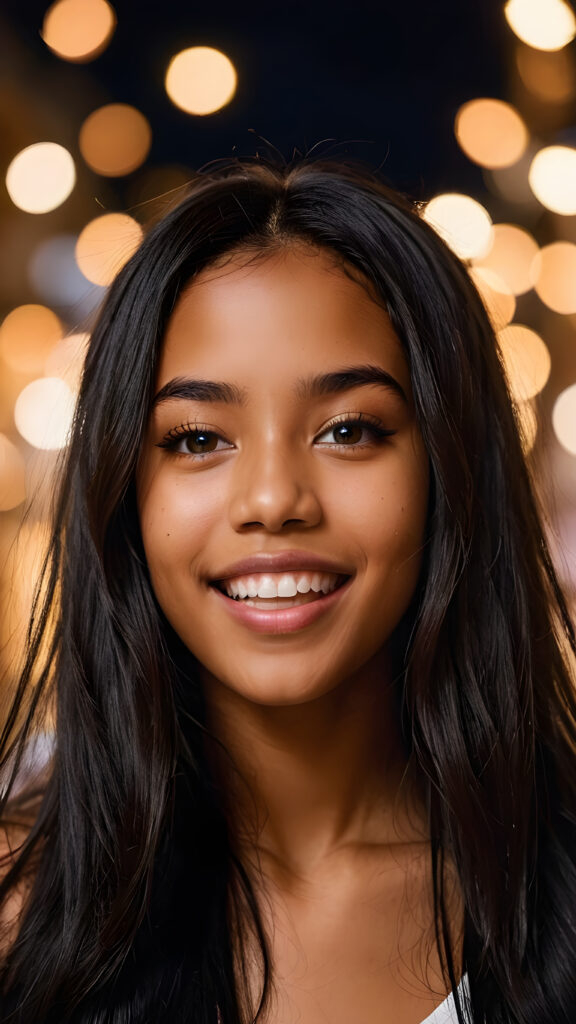 a (((beautiful young brown-skinned exotic teen girl))), with long, soft, luxurious (((black straight hair))), caught in a moment of (ecstatic) delight