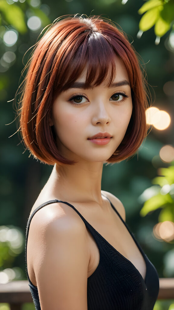 a (((beautiful girl))) with a (((bob cut hair style, bangs))), ((soft straight red hair)), accompanied by (((volumetric lighting))) that bring out the (masterpiece) details, all against a (natural green sunny backdrop) that focuses on the (face) and its intricate, (hyper-realistic) features, captures the essence of (digital art), ((black dressed in an short tank top))