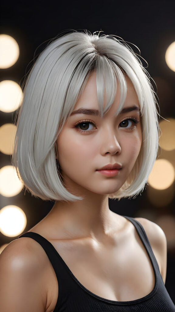 a (((beautiful girl))) with a (((bob cut hair style, soft straight white hair))), accompanied by (((volumetric lighting))) that bring out the (masterpiece) details, all against a (plain, dark backdrop) that focuses on the (face) and its intricate, (hyper-realistic) features, captures the essence of (digital art), ((black dressed in an short tank top))