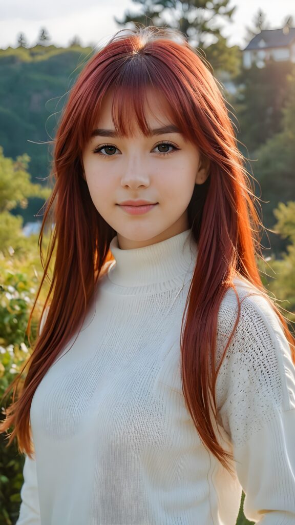 a beautiful (((pretty young teen girl))), with long, silky, shiny straight long neon red hair, bangs cut framing her found face, wearing a thin, white sweater, her hair extends beyond her shoulders, she looks cheerfully at the viewer, perfect curved body, natural backdrop