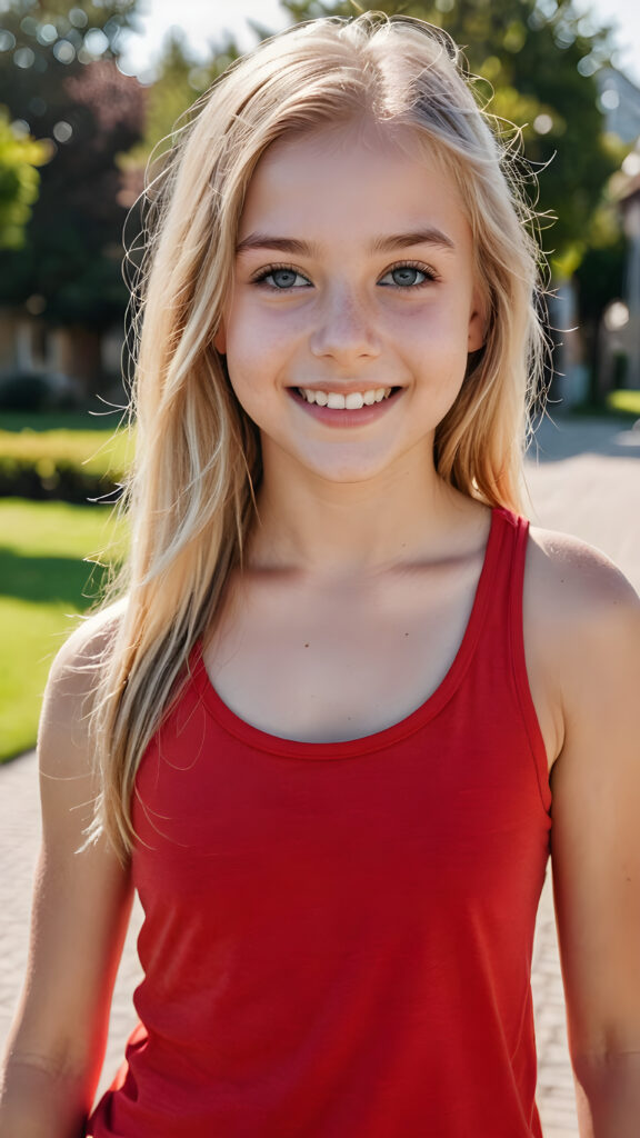 a (((beautiful teenage girl))), 13 years old, long, straight, soft, platinum blond hair, almond-shaped face, big blue eyes, ((delicate)) ((elegant)) ((well-defined)) nose, ((pale)) skin, (((smiling))) with ((perfect teeth)), wearing a ((solid red plain fitness tank top))