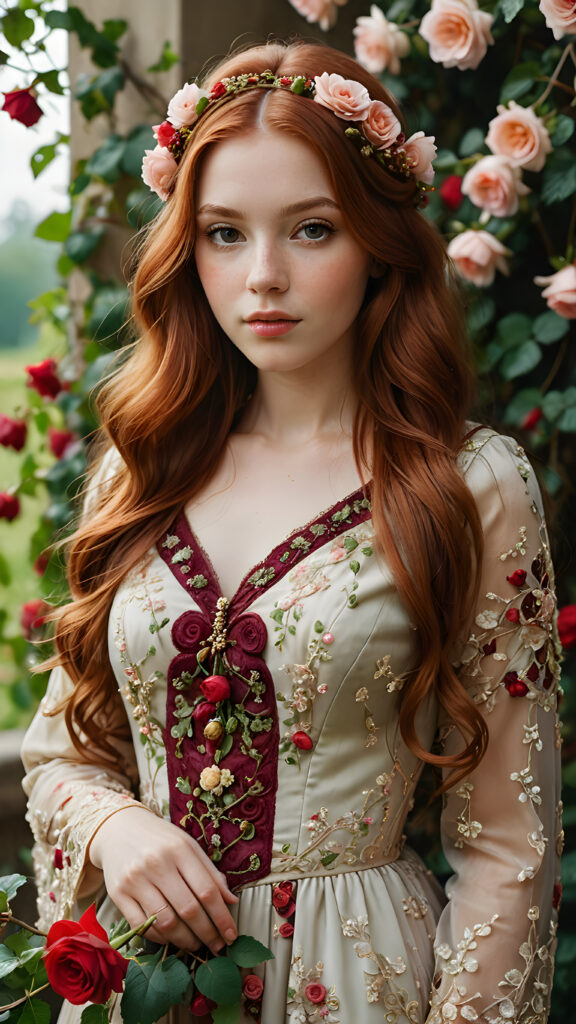 a (((beautiful oil portrait))), featuring a young girl with flowing (((long auburn hair))), intricate details drawn using shades of red wine grapes and vines interwoven with delicate ((roses)), her face captured in a serene expression, dressed in a luxurious ((long dress)) adorned with ornate patterns of roses