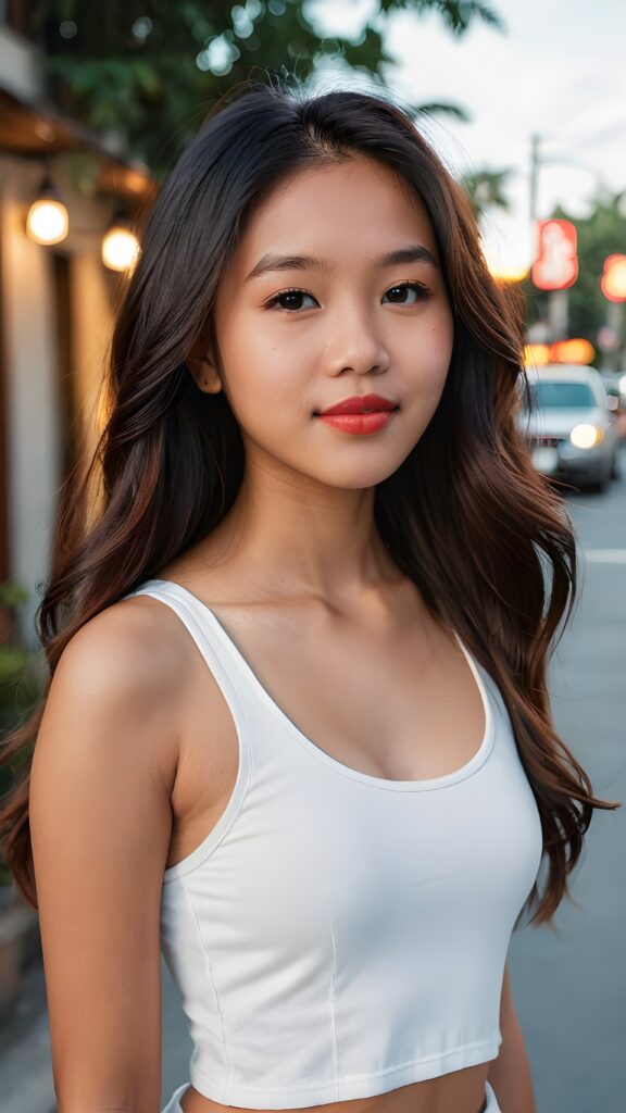 a beautiful (((filipino teen girl, 15 years old))), with long, flowing (((hair))), styled in a sleek, shiny, straight haircut with sharp, defined (((full lips))), emitting an ethereal glow that complements her otherwise natural features, dressed in a (((white cropped tank top))), poised confidently in a classic, casual setting, with her loosely curled red lips and a warm smile that exude cuteness