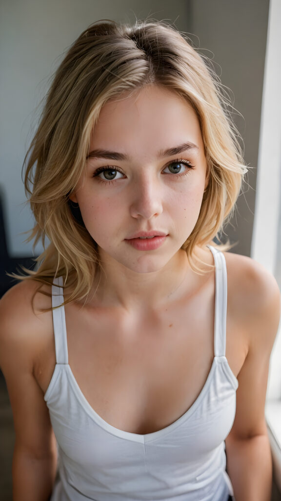 a (((beautiful young teen girl))) (((detailed perspective from above))), clad in a (((plain tank top with deep v-neck))), with delicate features and (full, kissable lips), she closed her eyes and opened her mouth slightly, she has long, straight soft blond hair