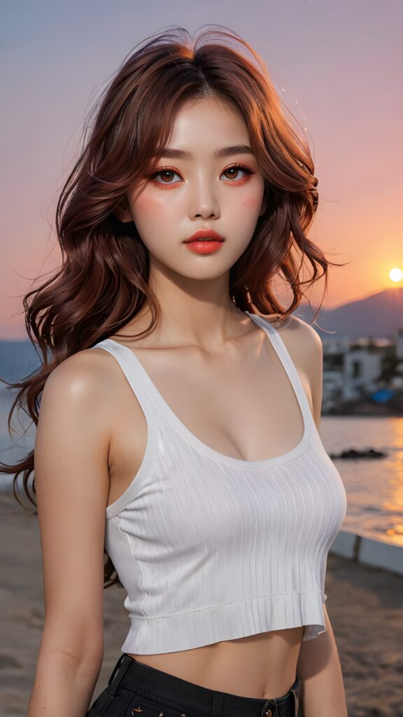 a (((beautiful little korean girl))) with (((glowing white skin))), (((rosy cheek))), (((shiny eyes))), thin (((light brown hair)) flowing down her back, (((small mouth))), (((rosy lips))), (((dark red eyes))), (((detailed face))), (((detailed eyes))), (((loose thin long wavy hair))), (((lost in wonder))) ((cropped tank top support her perfect body))