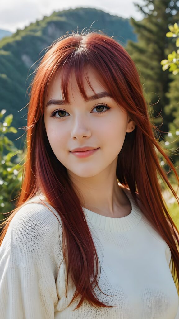 a beautiful (((pretty young teen girl))), with long, silky, shiny straight long neon red hair, bangs cut framing her found face, wearing a thin, white sweater, her hair extends beyond her shoulders, she looks cheerfully at the viewer, perfect curved body, natural backdrop