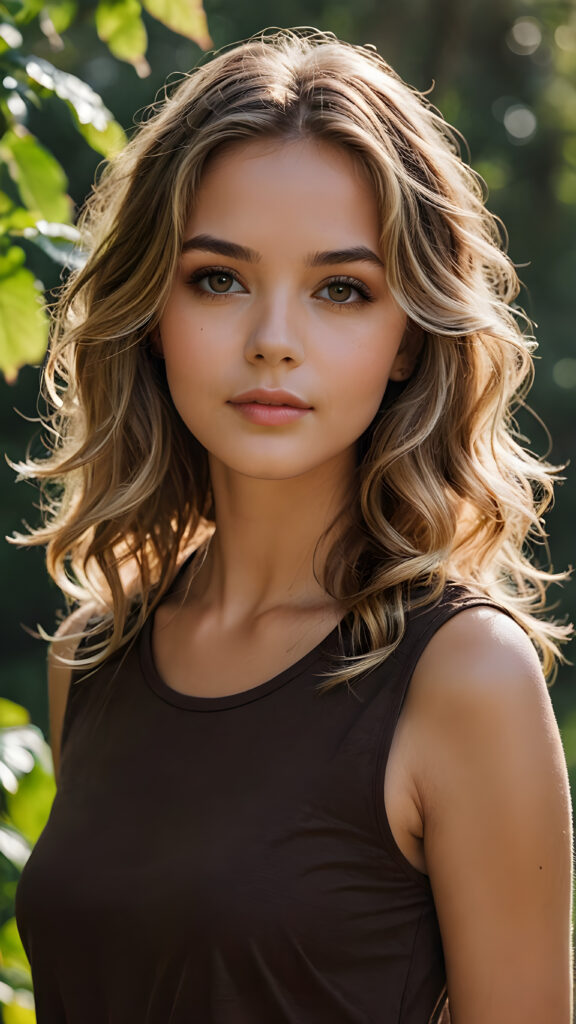 a beautiful (((girl))), with thin but defined figures, dressed in a short, sleeveless, ((dark brown t-shirt)), luxurious, flowing, long, dark blonde waves framing her gently angled face with soft, naturally wavy blonde hair and piercing, brown eyes, set against a backdrop of a (nature-filled) (HD photography) scene, with intricate details and vivid colors that capture the essence of a realistic and natural environment