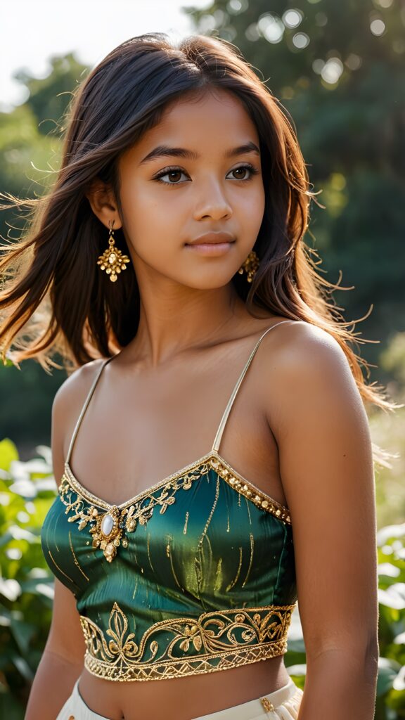 a beautiful (((brown skinned teen girl))) in an (Amazone style), with flowing, soft straight hair and a flawless, ((thin build)), ((round face)), dressed in intricate, detailed crop top that reflect her (stunningly gorgeous figure), embodying the essence of sophistication and natural beauty