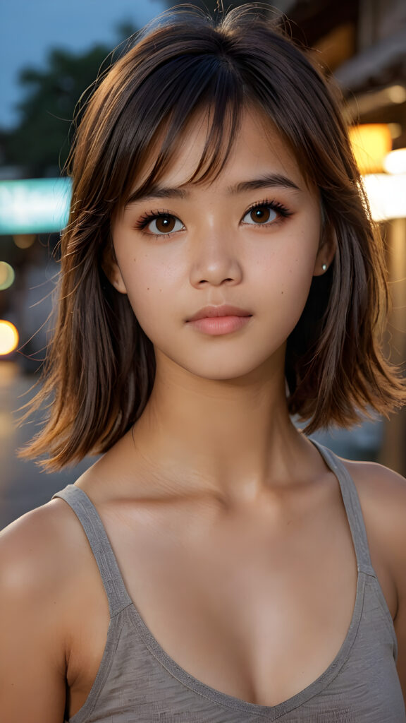 a ((beautiful)) (elegant) (attractive) (stunning) a beautifully realistic, cinematic lights, (((Burma teen girl))) 15 years old, bangs cut, realistic detailed angelic face, (((realistic detailed brown eye))) looks sadly at the camera, portrait shot, perfect curved, wears a super short tight (grey tank top, deep v-neck), super short jeans pants, perfect anatomy, side perspective, ((no background))