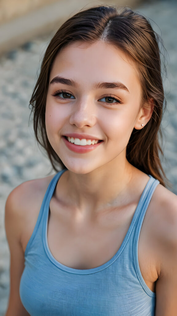 a (((beautiful young teen girl))) (((detailed perspective from above))), clad in a (((tank top))), with delicate features and (full, kissable lips), white teeth, smile