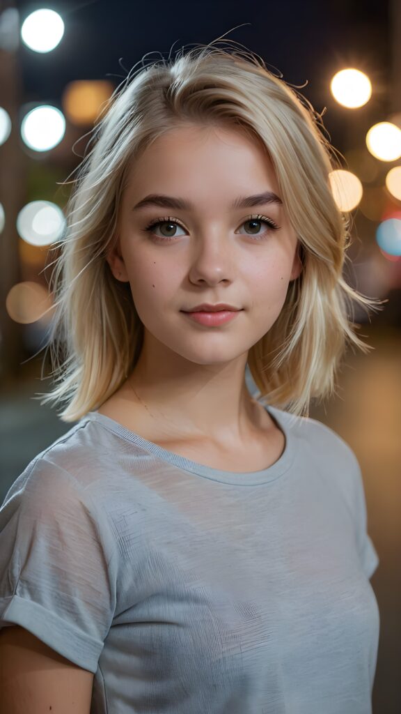 a beautiful (((teen girl))) with blonde hair, styled in a sleek, short-cropped top, (((vividly realistic photo))), set against a dimly lit environment that softly highlights her features