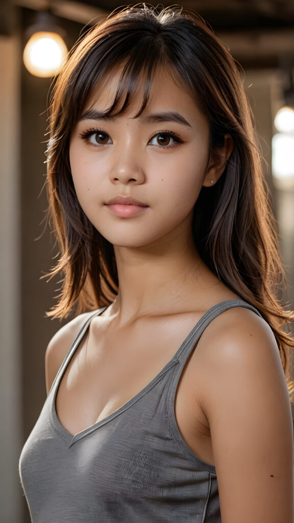 a ((beautiful)) (elegant) (attractive) (stunning) a beautifully realistic, cinematic lights, (((Burma teen girl))) 15 years old, bangs cut, realistic detailed angelic face, (((realistic detailed brown eye))) looks sadly at the camera, portrait shot, perfect curved, wears a super short tight (grey tank top, deep v-neck), super short jeans pants, perfect anatomy, side perspective, ((no background))