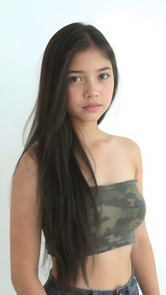 a (((beautiful teen girl, 15 years old))) with a sleek, (((upper body))), straight soft black hair, intricate details like perfect curves and contours popping against an (((empty backdrop))), exuding an (((intoxicating aura))) that draws the eye, capturing essence of both (((cuteness))) and (((staggering beauty))) with long hair and a (((camouflage-colored super short crop top))) that blends into a (((hyper realistic)))