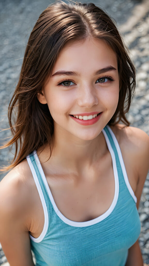 a (((beautiful young teen girl))) (((detailed perspective from above))), clad in a (((tank top))), with delicate features and (full, kissable lips), white teeth, smile