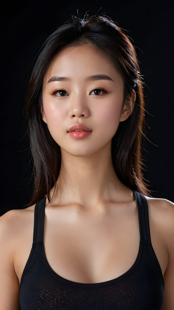 a (((beautiful young Asian teen girl))), clad in a (((tank top))), with delicate features and (full, kissable lips), she closed her eyes and opened her mouth, ((upper body)) (perfect curved body) ((black background)) 4k