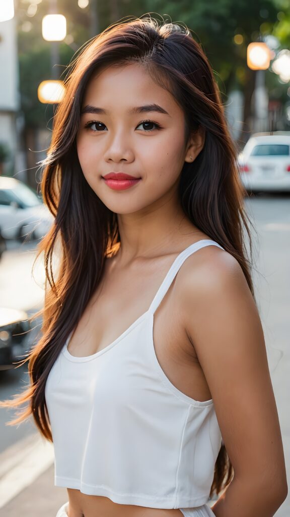 a beautiful (((filipino teen girl, 15 years old))), with long, flowing (((hair))), styled in a sleek, shiny, straight haircut with sharp, defined (((full lips))), emitting an ethereal glow that complements her otherwise natural features, dressed in a (((white cropped tank top))), poised confidently in a classic, casual setting, with her loosely curled red lips and a warm smile that exude cuteness