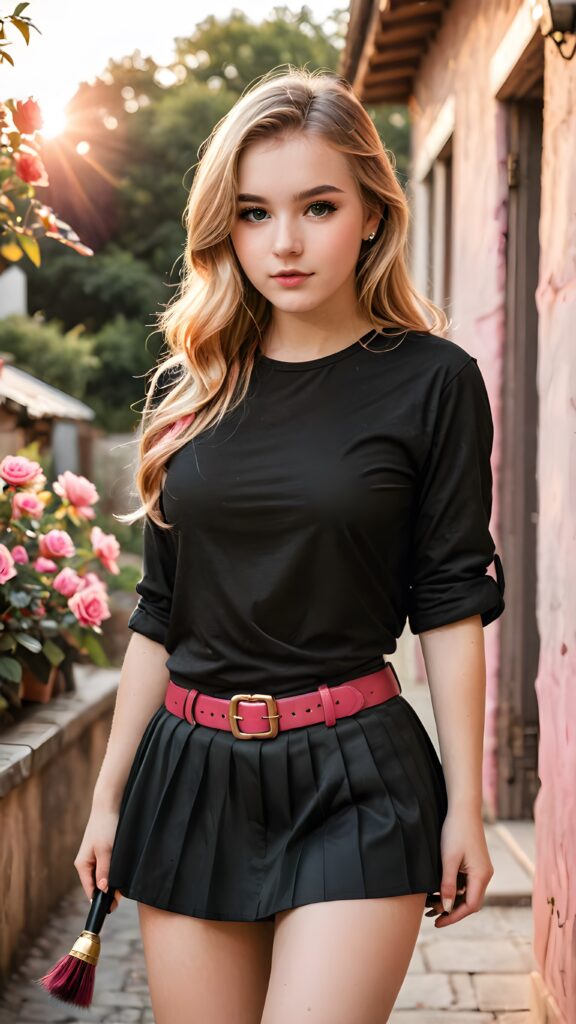 a (((beautiful girl age 16 years old))), with long, flowing blonde hair and a red tuft, wearing a (((black shirt and mini skirt))), paired with a (((vintage-inspired red belt))), accessorizing with a (((vintage-inspired pink brush and a warm, faded rose))), as the sun sets behind her