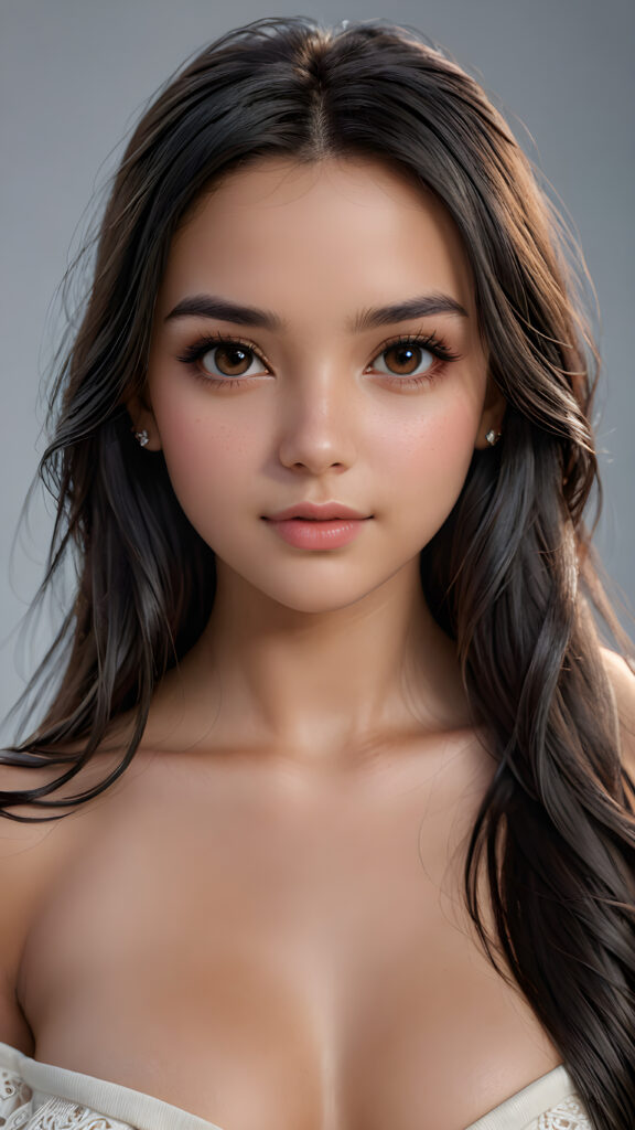 a (((beautiful young girl))) with long, straight black hair and (realistic) dark brown eyes, perfect for showcasing extremely detailed curved body, highly detailed realistic anatomy, realistic digital painting, (((looks at the camera)))