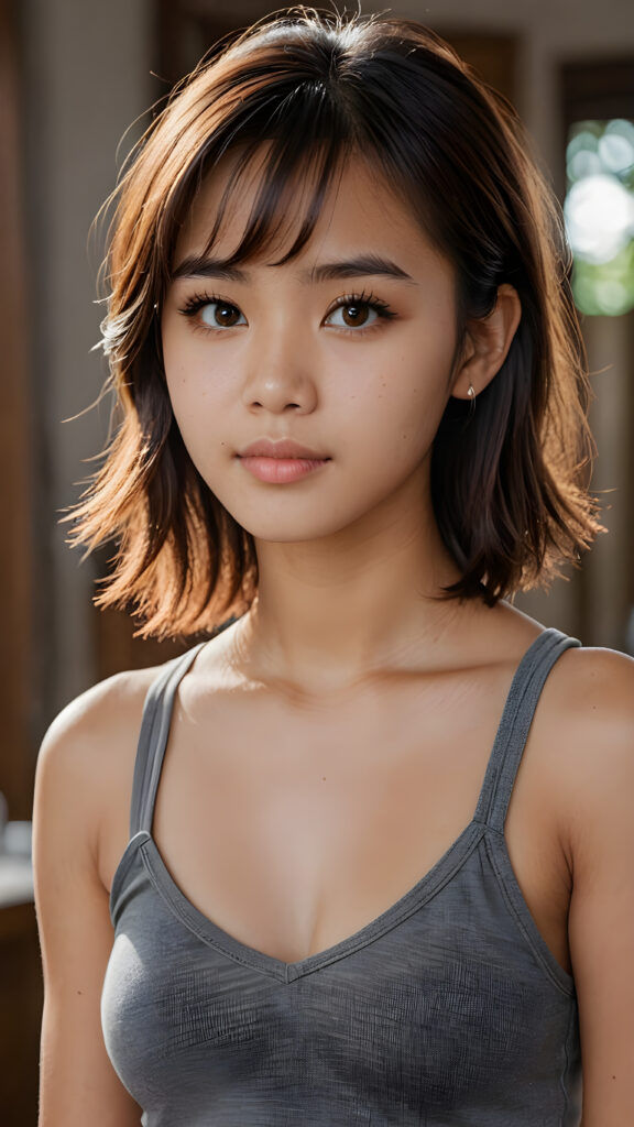 a ((beautiful)) (elegant) (attractive) (stunning) a beautifully realistic, cinematic lights, (((Burma teen girl))) 15 years old, bangs cut, realistic detailed angelic face, (((realistic detailed brown eye))) looks sadly at the camera, portrait shot, perfect curved, wears a super short tight (grey tank top, deep v-neck), super short jeans pants, perfect anatomy, side perspective, ((no background))