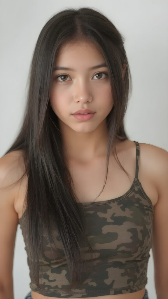 a (((beautiful teen girl, 15 years old))) with a sleek, (((upper body))), straight soft black hair, intricate details like perfect curves and contours popping against an (((empty backdrop))), exuding an (((intoxicating aura))) that draws the eye, capturing essence of both (((cuteness))) and (((staggering beauty))) with long hair and a (((camouflage-colored super short crop top))) that blends into a (((hyper realistic)))