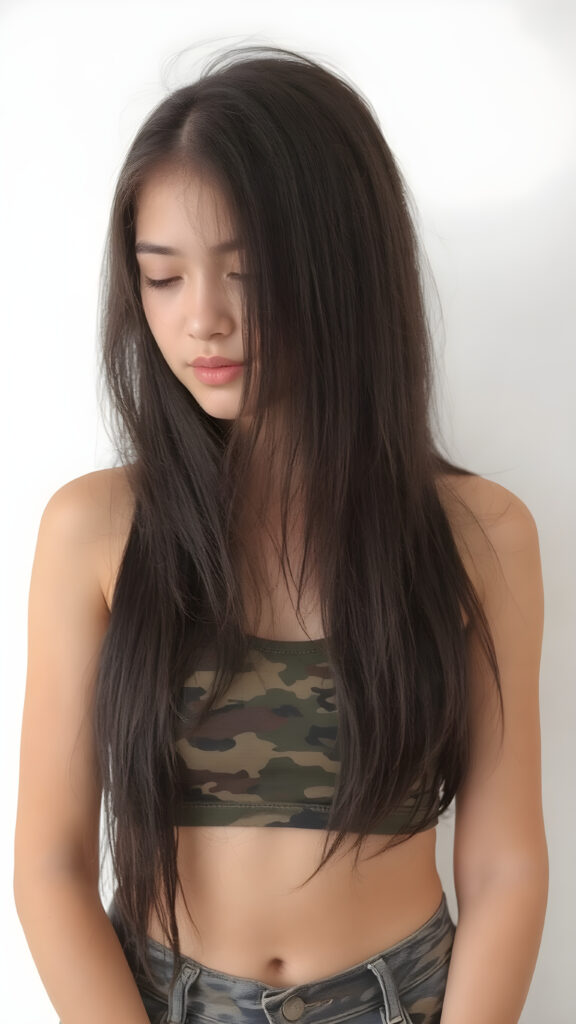 a (((beautiful teen girl, 15 years old))) with a sleek, (((upper body))), straight soft black hair, intricate details like perfect curves and contours popping against an (((empty backdrop))), exuding an (((intoxicating aura))) that draws the eye, capturing essence of both (((cuteness))) and (((staggering beauty))) with long hair and a (((camouflage-colored super short crop top))) that blends into a (((hyper realistic)))