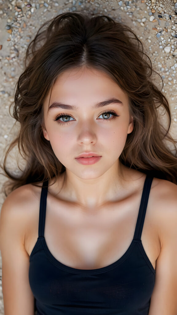 a (((beautiful young teen girl))) (((detailed perspective from above))), clad in a (((tank top))), with delicate features and (full, kissable lips), soft long straight hair, she closed her eyes and opened her mouth slightly.