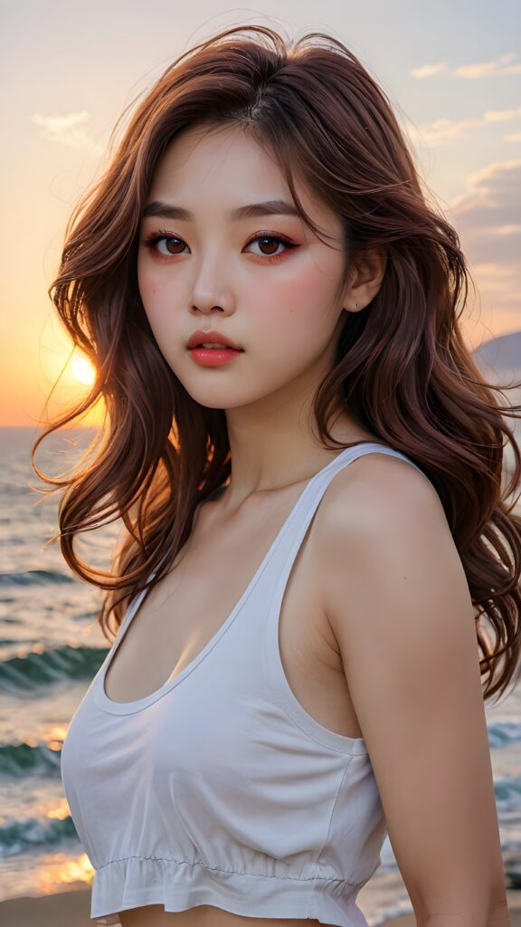 a (((beautiful little korean girl))) with (((glowing white skin))), (((rosy cheek))), (((shiny eyes))), thin (((light brown hair)) flowing down her back, (((small mouth))), (((rosy lips))), (((dark red eyes))), (((detailed face))), (((detailed eyes))), (((loose thin long wavy hair))), (((lost in wonder))) ((cropped tank top support her perfect body))