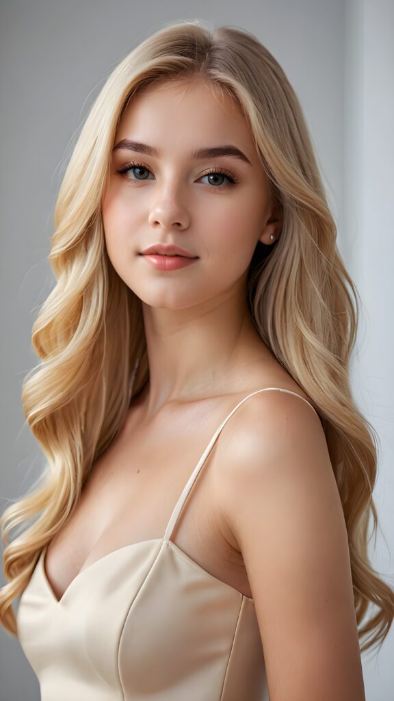 a (((beautiful young teen girl))) with a sleek, ((upper body close-up)), showcasing elegant details like curves and contours ((empty background)) ((stunning)) ((cute)) ((gorgeous)) ((blonde, shoulder long hair, hair))