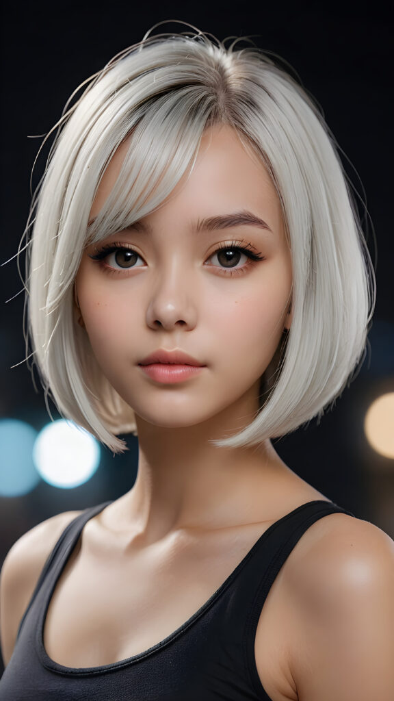 a (((beautiful girl))) with a (((bob cut hair style, soft straight white hair))), accompanied by (((volumetric lighting))) that bring out the (masterpiece) details, all against a (plain, dark backdrop) that focuses on the (face) and its intricate, (hyper-realistic) features, captures the essence of (digital art), ((black dressed in an short tank top))