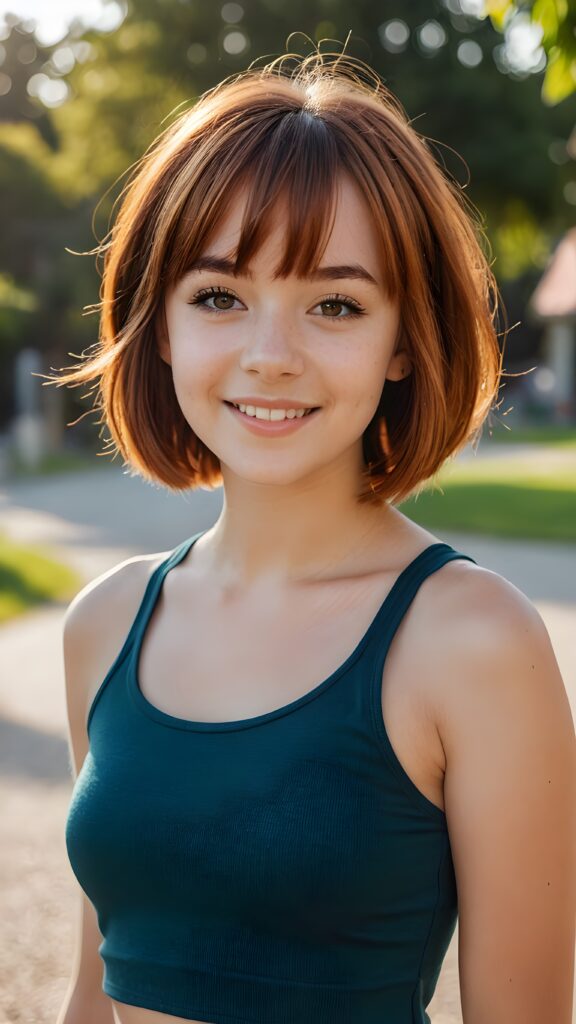 a beautiful (((teen girl))) with auburn hair in bob bangs cut, styled in a sleek, short-cropped tank top, (((vividly realistic photo))), ((natural background)), very happy, dimmed light