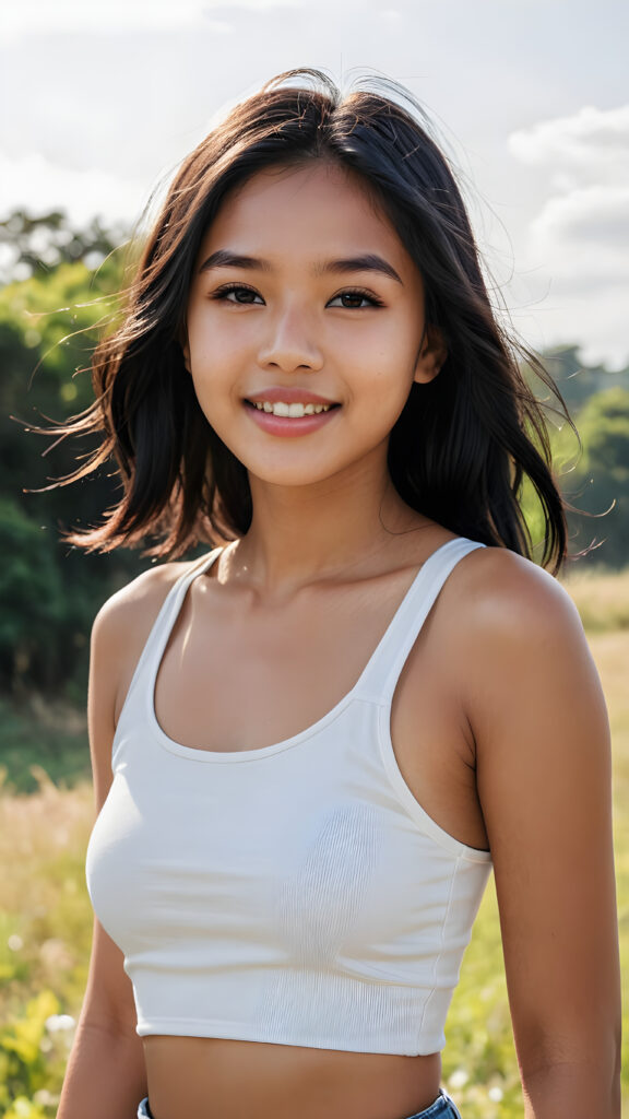 a beautiful (((Indonesian teen girl, 13 years old))), with long, jet soft (((black hair))), styled in a sleek, shiny, straight haircut with sharp, defined (((full lips))), emitting an ethereal glow that complements her otherwise natural features, dressed in a (((white plain short cropped tank top))), you can see her navel, she radiates pure joy, smile, perfect white teeth, against a sunny backdrop