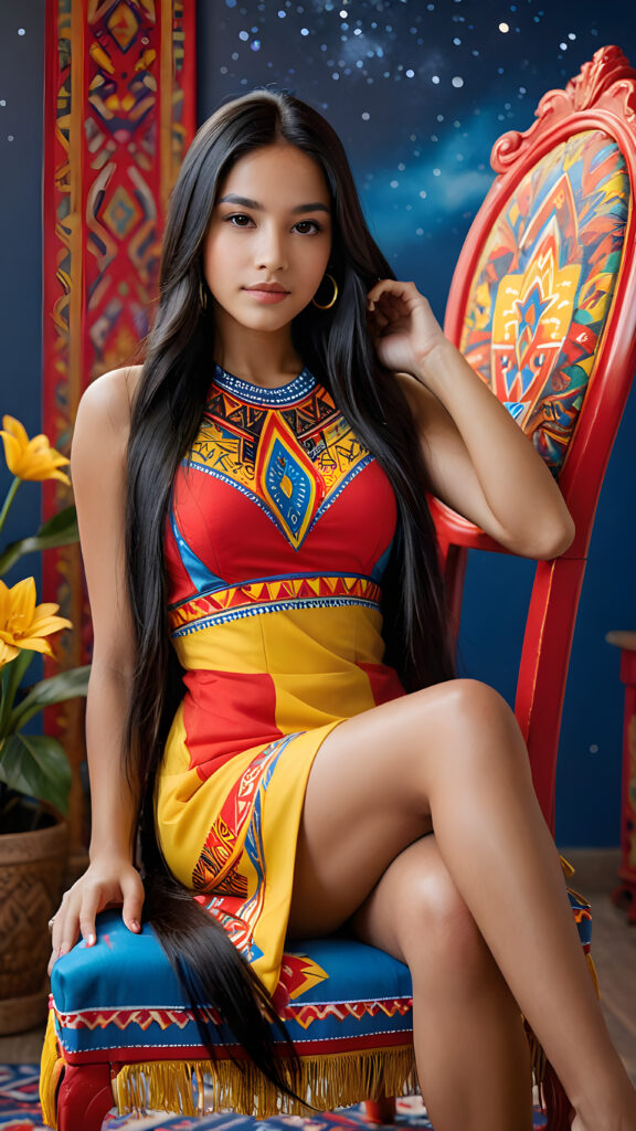 a (((beautiful Latino girl))) with (((extremely long, straight black hair))), dressed in a (((vivid red, yellow, and blue tribal print dress))), poised confidently in a classic (((chair painted in a dynamic red, yellow, and blue color scheme))), her head turned sideways, as if gazing at a (fantastical flower) blooming in the (upper right corner of the image), against a (muted, starry night sky) backdrop