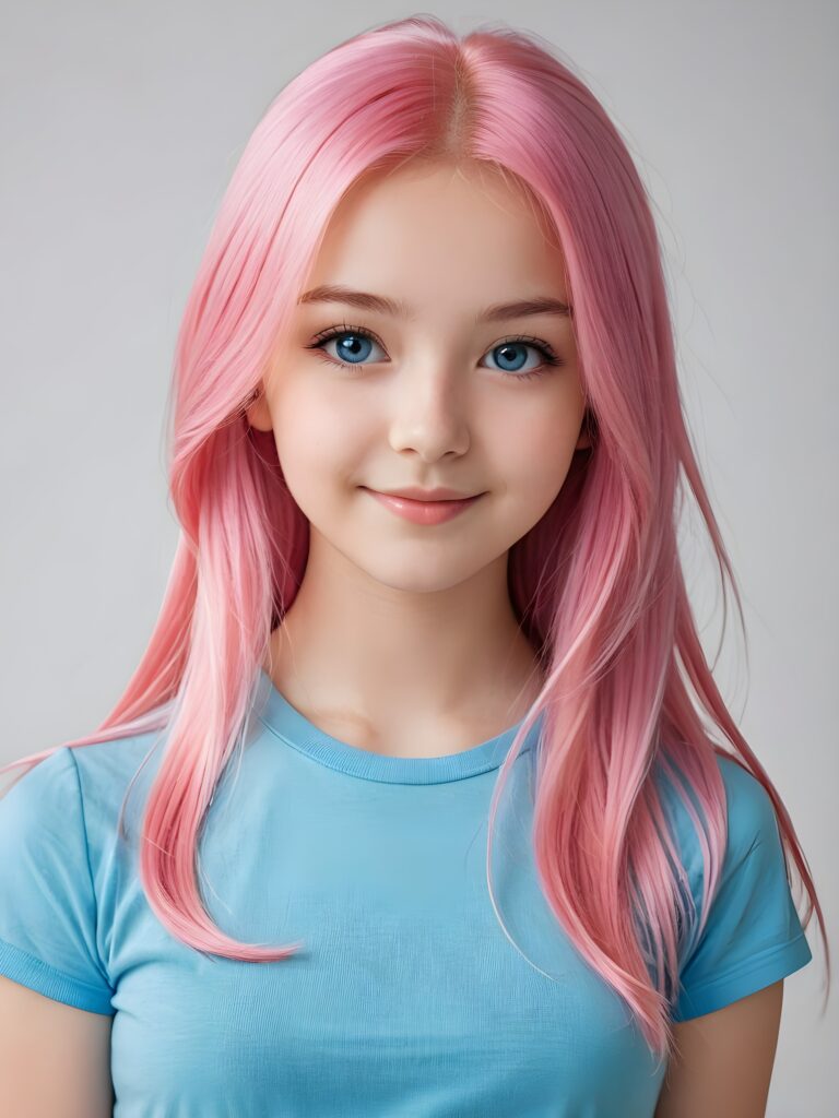 a beautiful (((pretty young girl))), with long, silky, shiny straight pink hair and bright blue eyes, wearing a thin, simple T-shirt. Her hair extends beyond her shoulders by about 5 cm. She looks cheerfully at the viewer