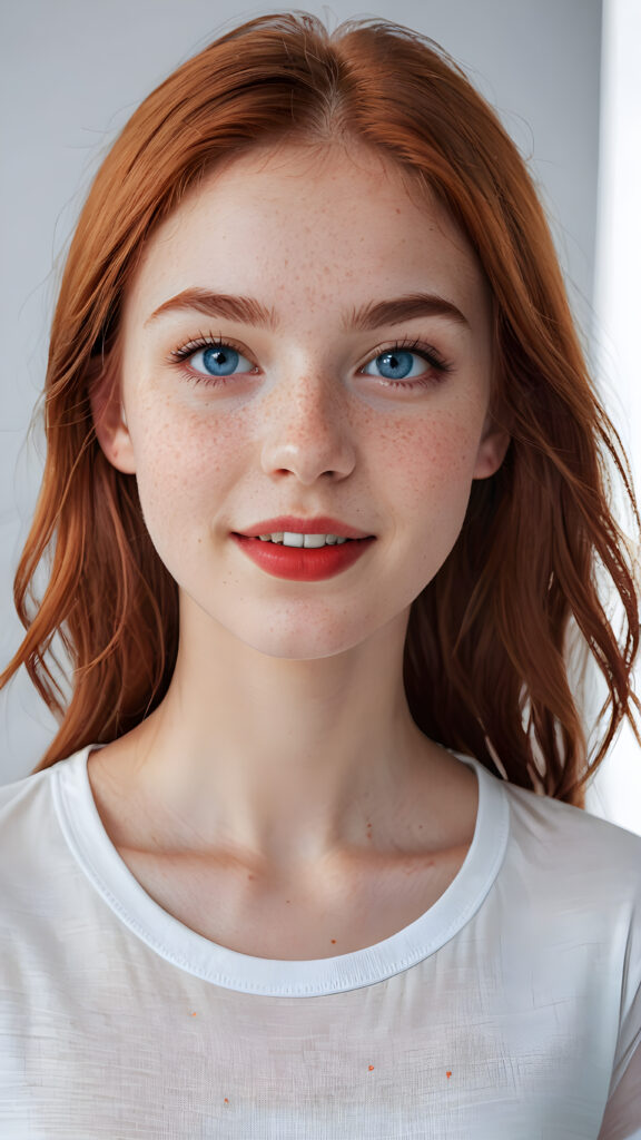 a beautiful (((teen girl))) ((fifteen years old)) ((realistic detailed round face)) ((beautiful eyes)) ((slender cheeks)) ((perfect teeth)) ((wears a super short tight (white t-shirt) made on thin silk)) ((perfect anatomy)) ((white background, side perspective)) ((cinematic lights)) ((long, soft copper-red hair)) ((red lips)) ((red nails)) ((bright blue eyes)) ((realistic detailed eyes)) ((slight smile)) ((freckles)) ((beautiful)) ((attractive)) ((stunning))