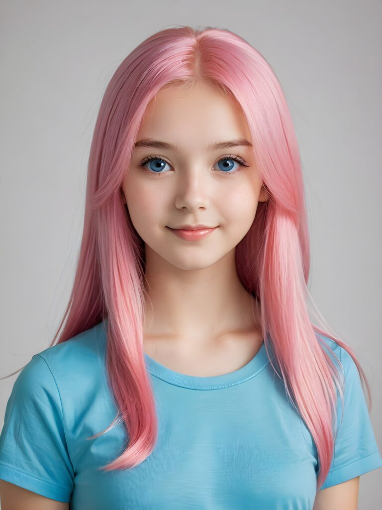 a beautiful (((pretty young girl))), with long, silky, shiny straight pink hair and bright blue eyes, wearing a thin, simple T-shirt. Her hair extends beyond her shoulders by about 5 cm. She looks cheerfully at the viewer