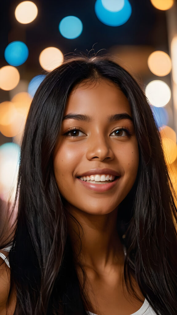 a (((beautiful young brown-skinned exotic teen girl))), with long, soft, luxurious (((black straight hair))), caught in a moment of (ecstatic) delight