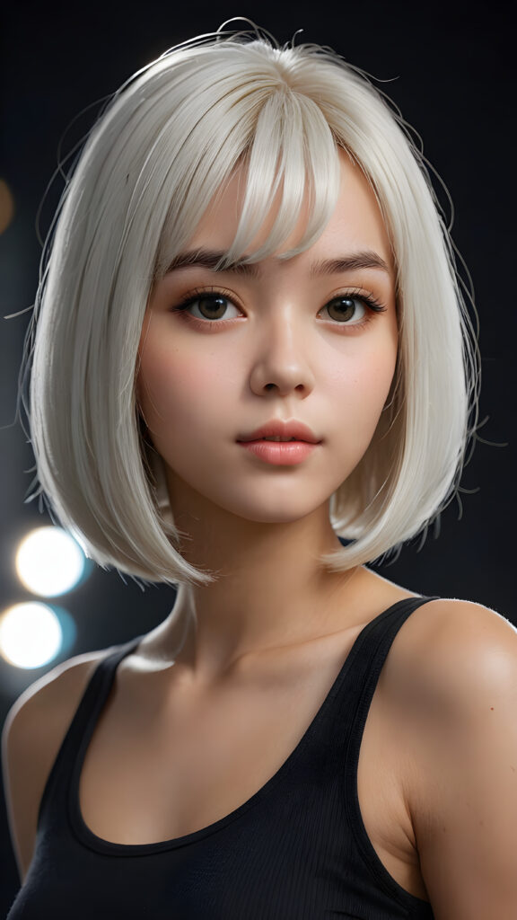 a (((beautiful girl))) with a (((bob cut hair style, soft straight white hair))), accompanied by (((volumetric lighting))) that bring out the (masterpiece) details, all against a (plain, dark backdrop) that focuses on the (face) and its intricate, (hyper-realistic) features, captures the essence of (digital art), ((black dressed in an short tank top))