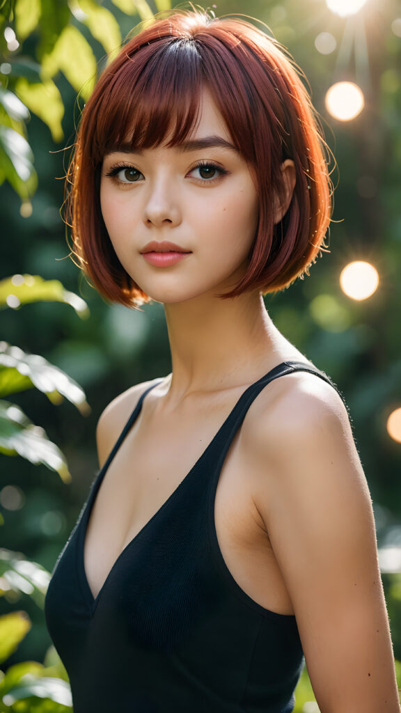 a (((beautiful girl))) with a (((bob cut hair style, bangs))), ((soft straight red hair)), accompanied by (((volumetric lighting))) that bring out the (masterpiece) details, all against a (natural green sunny backdrop) that focuses on the (face) and its intricate, (hyper-realistic) features, captures the essence of (digital art), ((black dressed in an short tank top))