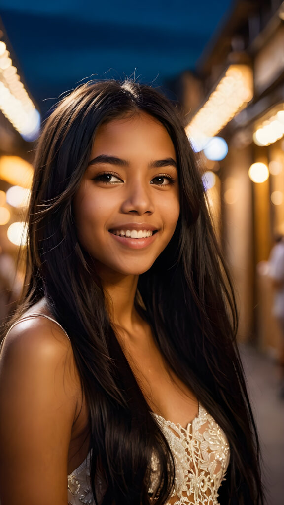 a (((beautiful young brown-skinned exotic teen girl))), with long, soft, luxurious (((black straight hair))), caught in a moment of (ecstatic) delight