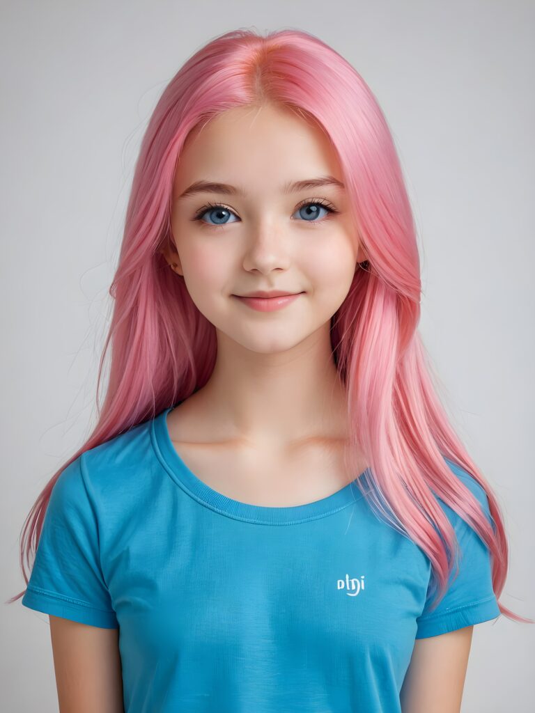 a beautiful (((pretty young girl))), with long, silky, shiny straight pink hair and bright blue eyes, wearing a thin, simple T-shirt. Her hair extends beyond her shoulders by about 5 cm. She looks cheerfully at the viewer