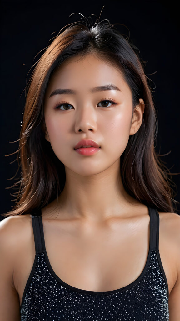 a (((beautiful young Asian teen girl))), clad in a (((tank top))), with delicate features and (full, kissable lips), she closed her eyes and opened her mouth, ((upper body)) (perfect curved body) ((black background)) 4k