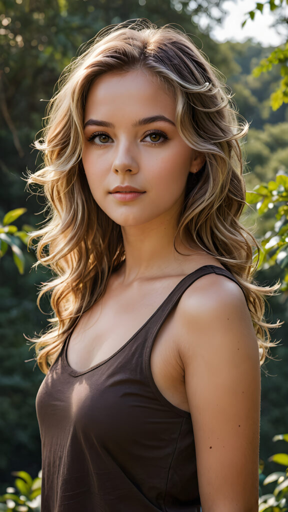 a beautiful (((girl))), with thin but defined figures, dressed in a short, sleeveless, ((dark brown t-shirt)), luxurious, flowing, long, dark blonde waves framing her gently angled face with soft, naturally wavy blonde hair and piercing, brown eyes, set against a backdrop of a (nature-filled) (HD photography) scene, with intricate details and vivid colors that capture the essence of a realistic and natural environment