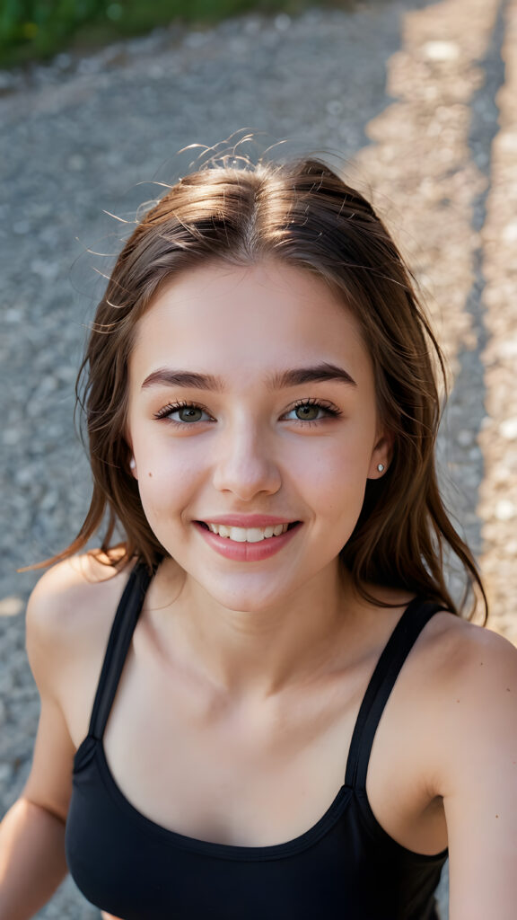 a (((beautiful young teen girl))) (((detailed perspective from above))), clad in a (((tank top))), with delicate features and (full, kissable lips), white teeth, smile